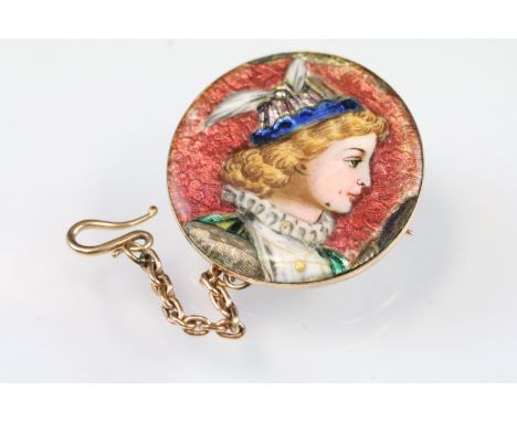 19th Century Victorian 9ct gold and enamel brooch featuring a hand painted female portrait with diamond set hat. Hinged pin a