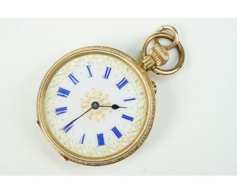 18ct gold open face pocket watch having a white enamel face with roman numerals to the chapter ring with chased decoration to