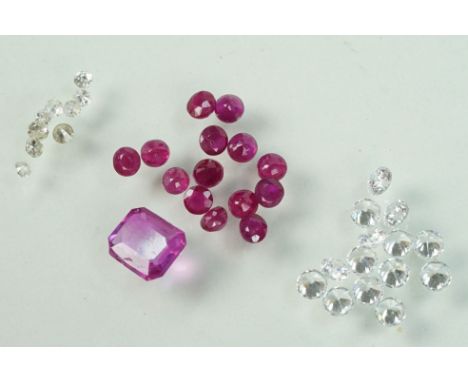 Collection of loose gemstones to include 14 round cut rubies, one step cut ruby, nine round cut diamonds approx 1.5mm wide, a