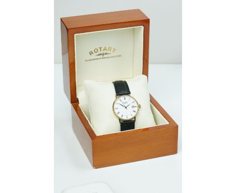 9ct gold Rotary wrist watch having a round face with white dial, roman numerals to the chapter ring, date aperture to three a