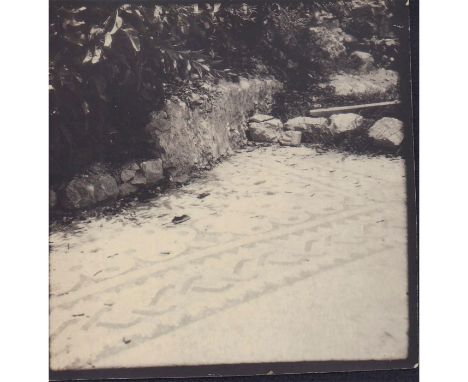 Silver gelatin black and white photograph with square format. Features an ancient section of Roman mosaic tile floor in Jerus