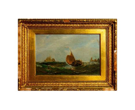 Painting Titled Fishing Boat off Pierre Port. Framed by Thomas Acne and Sons (1600-1950) in a wood and plaster high relief go