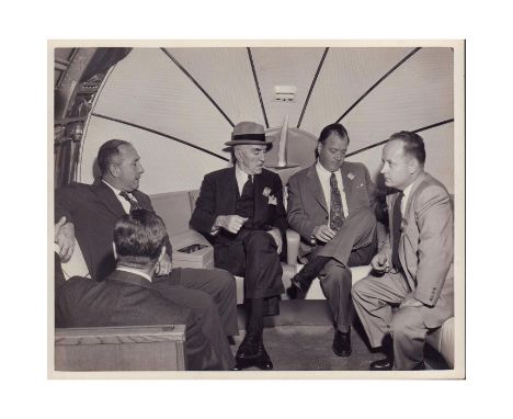 Rare black and white photo; Eddie Rickenbacker and Douglas Aircraft Company inside the 'Golden Falcon' DC-8 Jet.'Douglas Airc