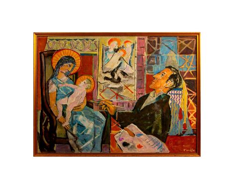 Oil on canvas. Self Portrait with Mother and Child. Signed lower right. Measures 38" x 31" including frame, 35.5" x 28.5" ima