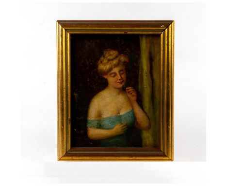 Portrait of a noble woman holding flower. Signed illegibly lower right R. Wortey (').Measures 12" x 10" including frame. This