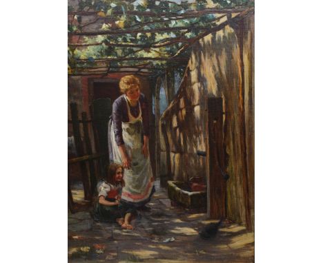 Arthur Claude Cooke (British 1867-1951): Child and Cat Playing under the Pergola, oil on canvas signed and dated 1897, 68cm x