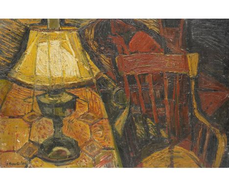 John Gilbey Bowles ARCA (British 1929-2011): Still Life 'No.1 Cottage Interior' with Lamp and Chair, oil on board signed, ins