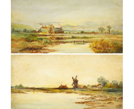A E Wade (Norwich School 19th century): Norfolk Broads Landscape with Estuary and Windmill, pair oils on canvas signed and da
