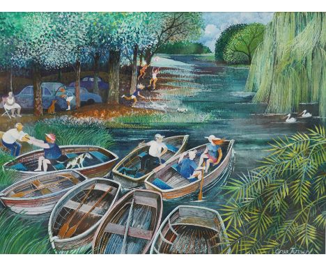Lisa Graa Jensen RI (Danish 1953-): 'Sunday Boating', mixed media, signed and titled verso 27cm x 36cm