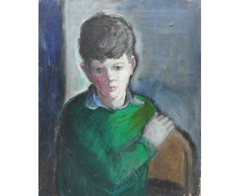 John Gilbey Bowles (British 1929-2011): Portrait of a Boy Wearing a Green Jumper, oil on canvas unsigned 61cm x 51cm (unframe