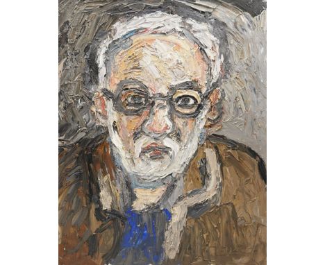 Barry De More (Yorkshire 1948-2023): 'Self Portrait - Blue Shirt', oil and impasto on canvas signed and titled verso 51cm x 4