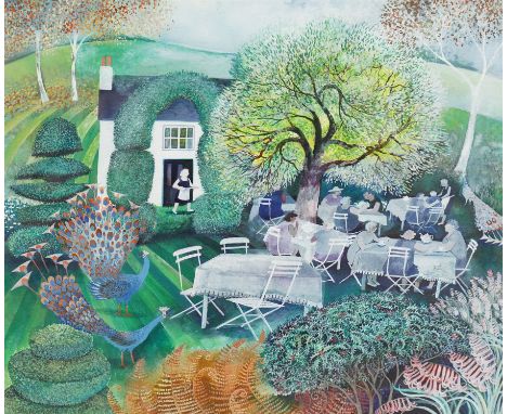 Lisa Graa Jensen RI (Danish 1953-): 'Peacock - Tea Garden', mixed media, signed and titled verso 38cm x 45cm