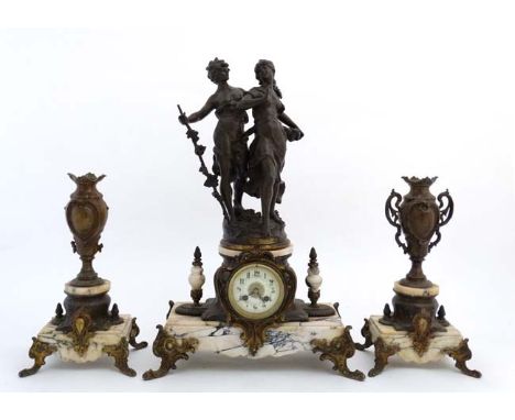 Large Marble clock with garnitures : a French clock striking on a bell with 8 day  movement ( outside count wheel )by AD Moug