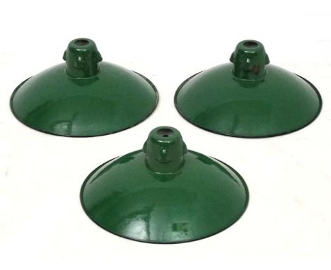 Vintage Industrial :    Three 1911 ( marked Reg No. 577289 ) pendant lights with green enamel exterior and white enamel under