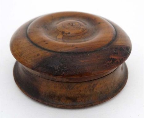 An early 20thC parquetry inlaid box together with a treen turned olive wood table snuff The largest 5 1/2" long (2)   CONDITI