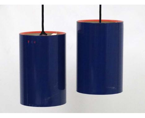 Vintage Retro : a pair of Danish Pendant Sektor lamps / lights  of dark blue and red rimmed livery with white interior , made