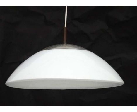 Vintage Retro : a Danish pendant lamp / light of white liveried hemisphere form , steel top , possibly designed by Jo Hammerb
