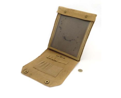 Militaria : A WWII British webbing map pouch , the inner with provision for tools , stationary and having bakelite backing pr