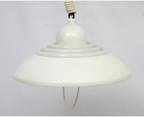 Vintage Retro : a Danish Pendant lamp / light  ( Rise and Fall ) of white livery , with 3 concentric light rings to top,  sig