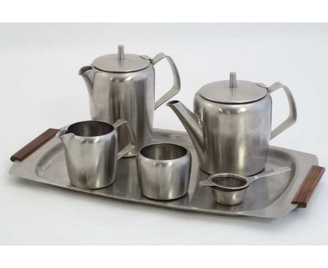 Vintage Retro : Robert Welch (1929-2000) for Old Hall , a Stainless Steel tea set comprising of an Afrormosia handled tray, T