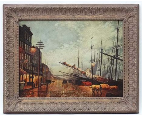 After John Atkinson Grimshaw Circa 1950,Oil on panel ,Northern Harbour night scene, showing moored ships and lamp lighting et