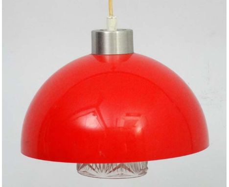 Vintage Retro : a Scandinavian Pendant Hemispherical  lamp / light   of red plastic and moulded glass under, very similar to 