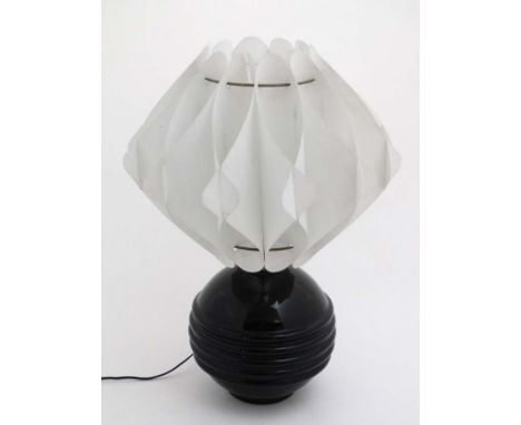 Art Deco :    Table lamp, A late Scandinavian Bent Plastic Shade and ceramic banded waist spherical table lamp. 19 1/4" high.