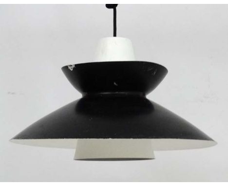 Vintage Retro : a Scandinavian Pendant lamp / light of black liveried exterior and white , in the typical form  , 17" diamete