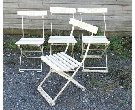 Architectural /Salvage :   A set of  four Bistro chairs with folding metal frames and painted wooden seats , 32" high when op