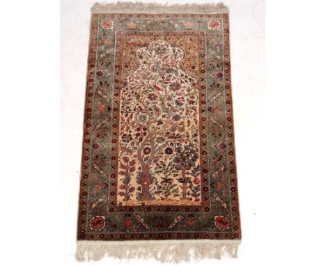 Carpet / Rug:  an antique Kafiri Turkish pure silk prayer rug with central tree design having birds and animals amongst flora