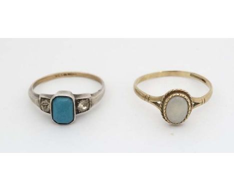 A 9ct gold and silver ring set with turquoise and white stones together with a 9ct gold ring set with oval opal (2)  CONDITIO