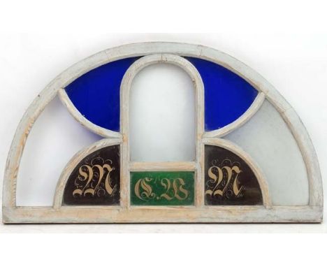 Architectural /Salvage :  a stained glass demi lune fan Light ,51" wide x 27 3/4" high  CONDITION: Please Note -  we do not m