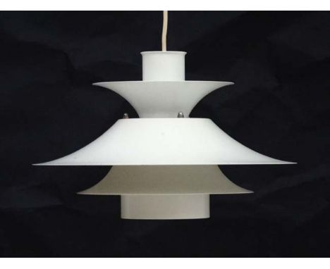 Vintage Retro : a Danish Pendant lamp / light   of white livery , 5 louvres,  Model 4108 made by LYFA , Signed , 12 1/2" diam