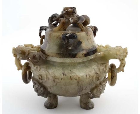 A Jade three footed censor with dragon mask handles and lid with further dragon decoration. The whole 6 1/2" high x 7 1/4" wi