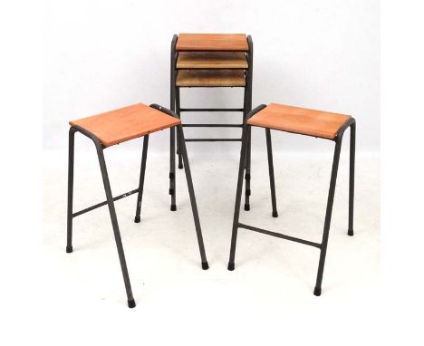 Vintage Industrial :  A set of British elm topped science lab stools (5)  with painted metal legs , 16" wide x 26" high CONDI
