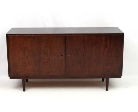 Vintage Retro :   A Danish Hans Olsen ( 1919-1992)  rosewood stained 2 door sideboard  on turned legs , the left door opening