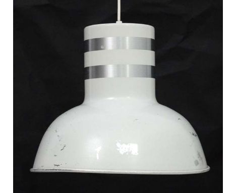 Vintage Retro : a Danish Pendant lamp / light  of brushed banded and white livery probably a ' Bunker ' as designed by Jo Ham
