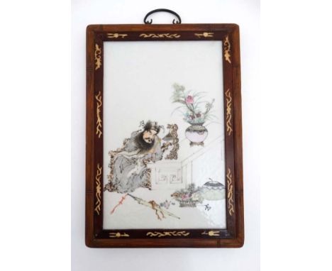 A small Chinese famille rose ceramic panel in wooden frame with inlaid decoration , the panel decorated with figure beside hi