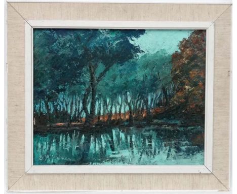 E M Holman XX,Pallet Knife oil on board,' The Pond ',Signed lower left and with titled artist's label verso.16 x 20" CONDITIO