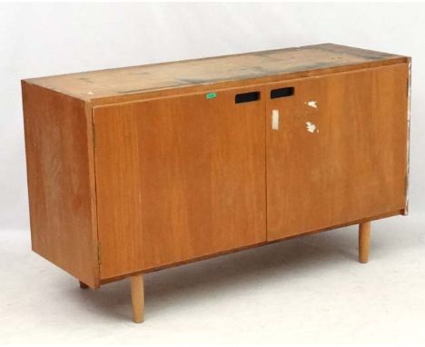 Vintage Retro :    A British university 2 door cabinet on turned shaped legs, opening to reveal two long  shelves , 49 1/2" w