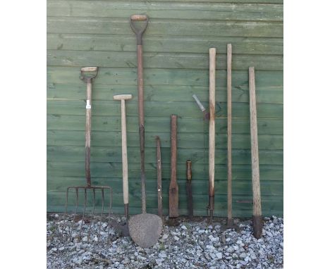 Architectural / Salvage :  an assortment of Agricultural Tools  to include : turf lifter, potato fork, mangle tool , bull rin