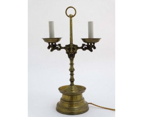 Theatrical Bouillotte  lamp : an early 20thC Heemskerk style electric table lamp with two sided mask decoration , in the clas