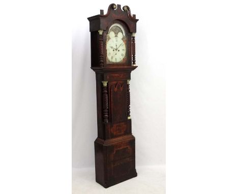 Longcase Clock : an Indistinctly signed early 19thC 14" breakarch painted dial with rolling moon, remains of calendar and sec