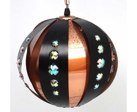Vintage Retro : a Swedish Pendant Globe lamp / light   of banded black and copper set with írridescent glass stones , designe