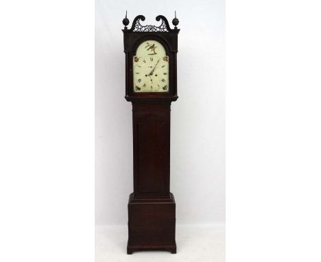 19thC Longcase : An early mahogany stained oak cased 12" painted breakarch dial 8 day Grandfather clock, with long trunk door