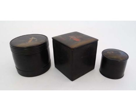 Pre - Revolution Russia :   3 Imperial Russian painted papier-mâché  and lacquered boxes, one with a three horse Drozjki  and
