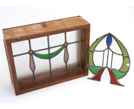 Architectural / Salvage :   Stained glass Art Nouveau panel and another within a hardwood surround , the panel 15 5/8 x 19 3/