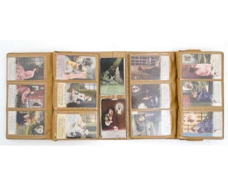 A folder containing approximately 90 mainly World War I postcards, to include examples published by Bamforth & Co Ltd, Holmfi