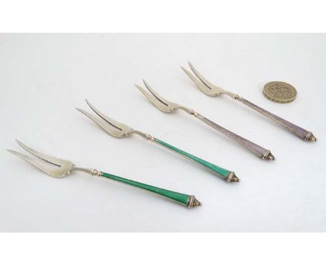 Scandinavian silver : 4 (2+2) silver pickle forks with green and lilac enamel decorated handles.  CONDITION: Please Note -  w