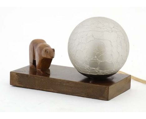 Art Deco bedside lamp/clock with ice glass globe shade and carved wooden polar bear all on a walnut base , 7 1/4" wide. CONDI